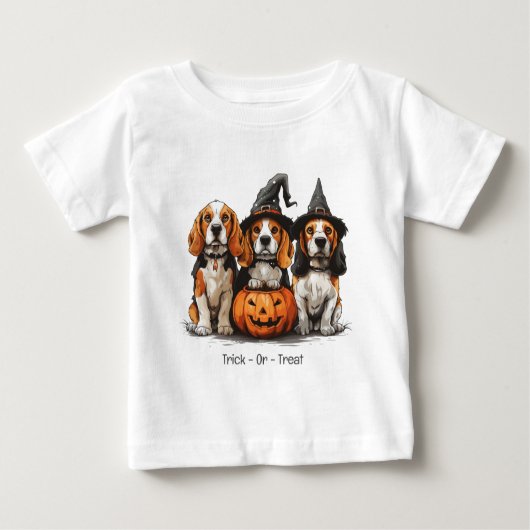 ハロウィーンビーグル犬をトリックまたは治療する ベビーTシャツ (正面)