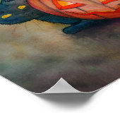 ハロウィーンピクシー妖精と黒猫ファンタジーアート ポスター (角)