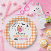 ハロウィーンピンクパンプキンズオレンジプレイド誕生日パペ ペーパープレート (パーティー)