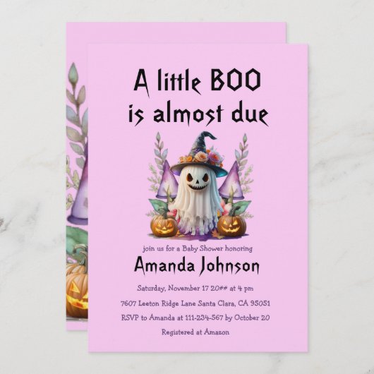 ハロウィーンピンクリトルブー幽霊ガールベビーシャワー 招待状 (正面/裏面)