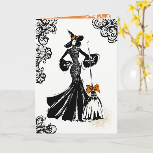 ハロウィーンファッションイラストレーションとブラックレース カード (黄色い花)