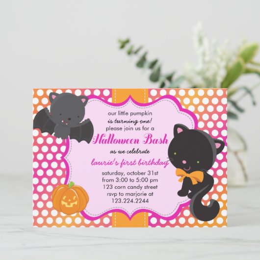 ハロウィーンファースト誕生日リトルこうもりキャット&カプキン 招待状 (スタンド正面)