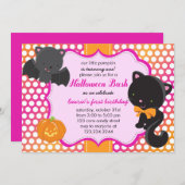 ハロウィーンファースト誕生日リトルこうもりキャット&カプキン 招待状 (正面/裏面)