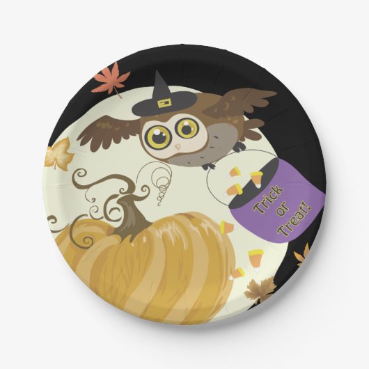 ハロウィーンフクロウのトリックまたはトリート！ ペーパープレート (正面)