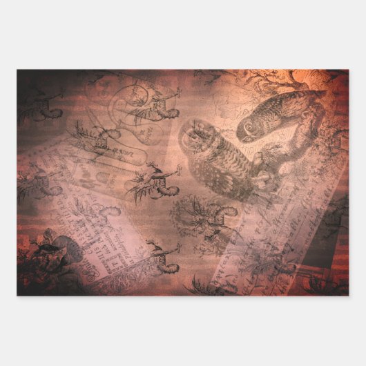 ハロウィーンフクロウファミリーヴィンテージエフェメラ ラッピングペーパーシート (正面3)