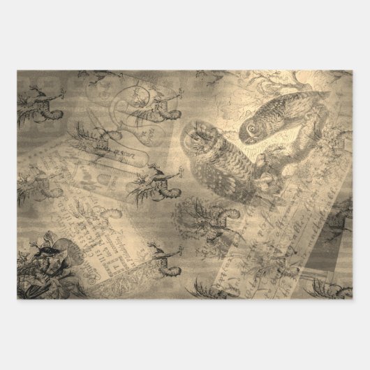 ハロウィーンフクロウファミリーヴィンテージエフェメラ ラッピングペーパーシート (正面2)