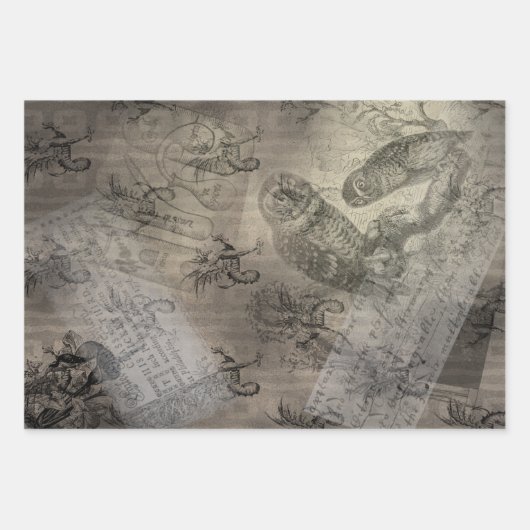 ハロウィーンフクロウファミリーヴィンテージエフェメラ ラッピングペーパーシート (正面)