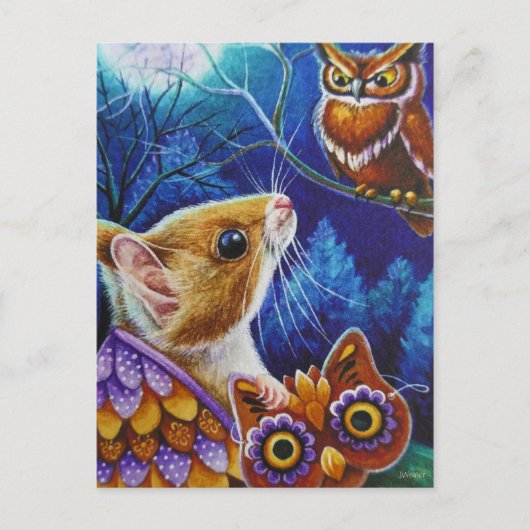 ハロウィーンフクロウマウスヴィンテージマスクウォーターカラーアート ポストカード (正面)