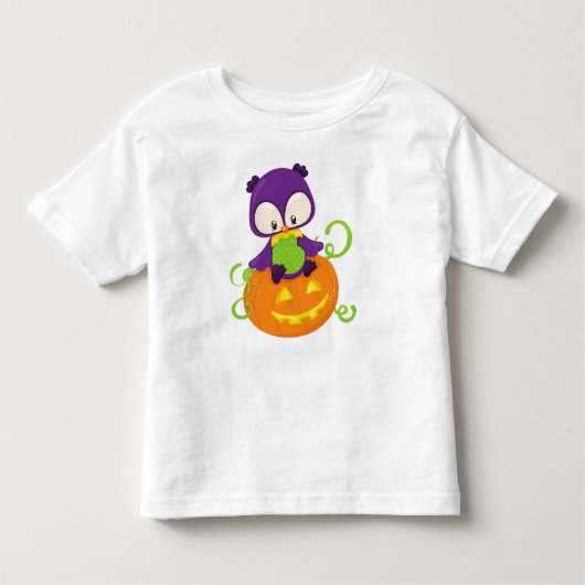 ハロウィーンフクロウ，かわいいフクロウ，パープルフクロウ，カボチャ トドラーTシャツ (正面)