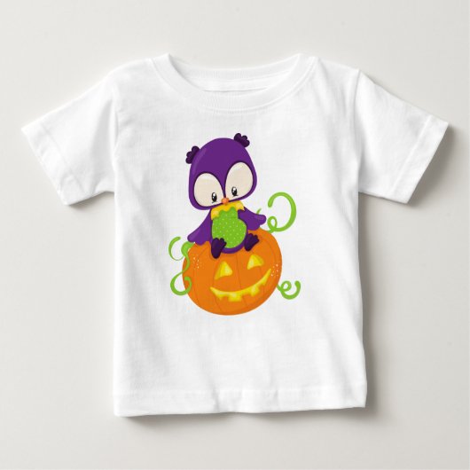 ハロウィーンフクロウ,かわいいフクロウ,パープルフクロウ,カボチャ ベビーTシャツ (正面)