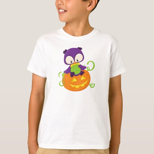 ハロウィーンフクロウ,かわいいフクロウ,パープルフクロウ,カボチャ Tシャツ (正面)