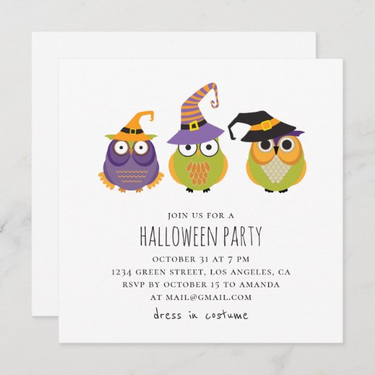 ハロウィーンフクロウ。子供おもしろいの衣装パーティー。動物 招待状 (正面/裏面)