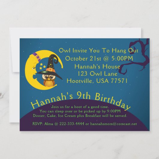 ハロウィーンフクロムーンスランバーパーティの招待状 招待状 (正面)