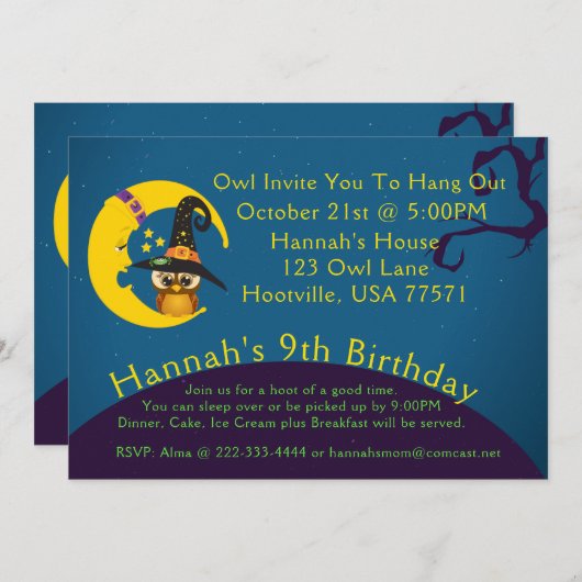 ハロウィーンフクロムーンスランバーパーティの招待状 招待状 (正面/裏面)