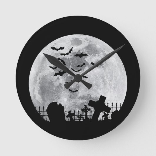 ハロウィーンフルムーン墓地不気味こうもり ラウンド壁時計 (正面)