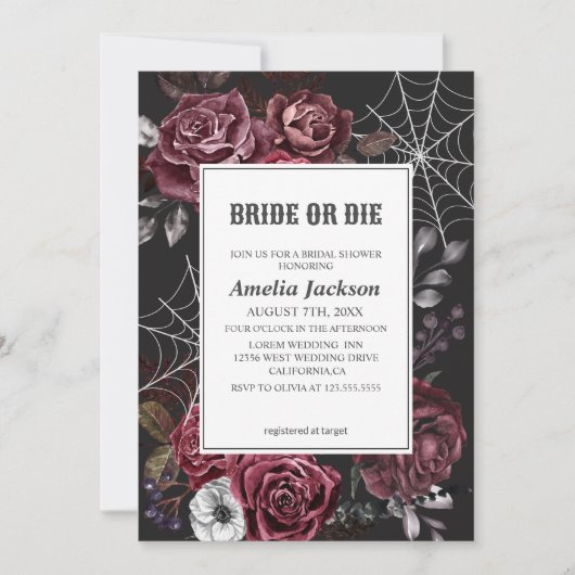 ハロウィーンフローラゴシック花嫁またはダイブライダルシャワー 招待状 (正面)