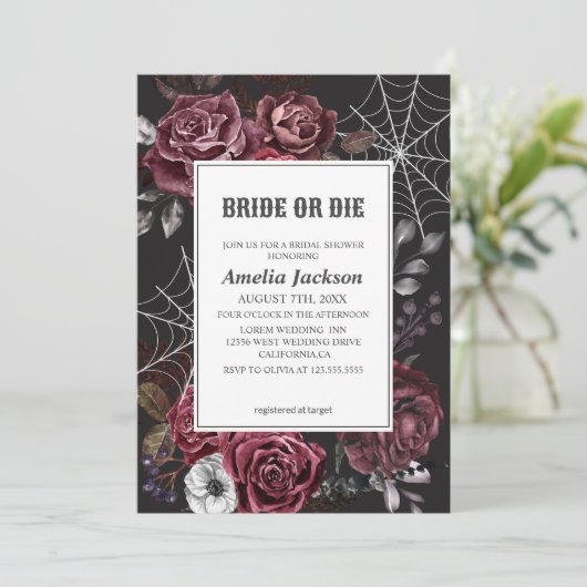 ハロウィーンフローラゴシック花嫁またはダイブライダルシャワー 招待状 (スタンド正面)