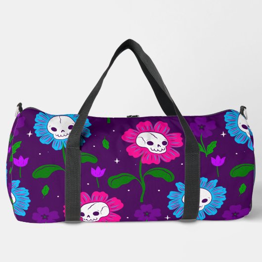 ハロウィーンフローラスカル花パープル ダッフルバッグ (正面)