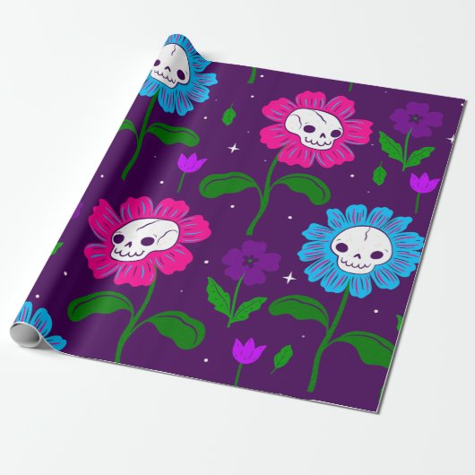 ハロウィーンフローラスカル花パープル ラッピングペーパー (アンロールド)