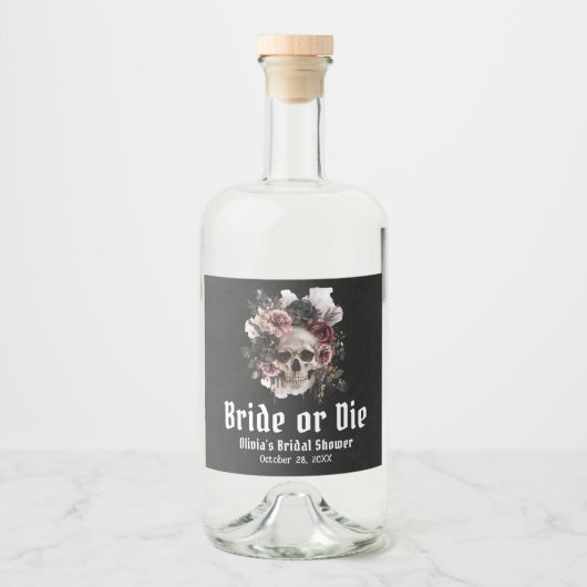 ハロウィーンフローラスカル花嫁またはダイブライダルシャワー リキュールボトルラベル (正面)