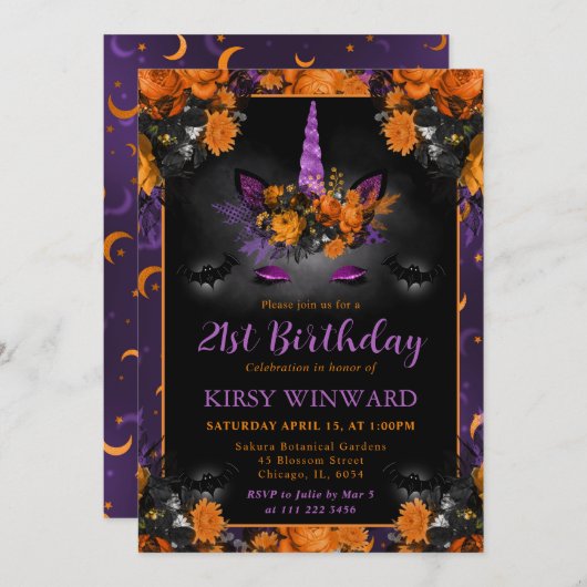 ハロウィーンフローラユニコーン顔誕生日 招待状 (正面/裏面)