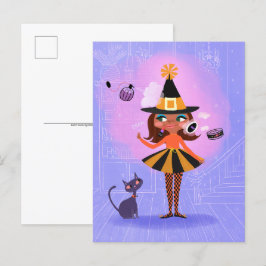 ハロウィーンブラウンヘアウィッチラベンダー&ピンク ポストカード