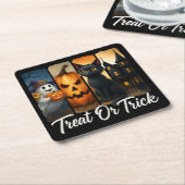 ハロウィーンブラシストローク猫「おごる、またはトリック」 スクエアペーパーコースター (アングル)