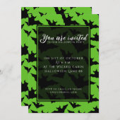 ハロウィーンブラックこうもりのクール緑の不気味なパターン 招待状 (正面/裏面)