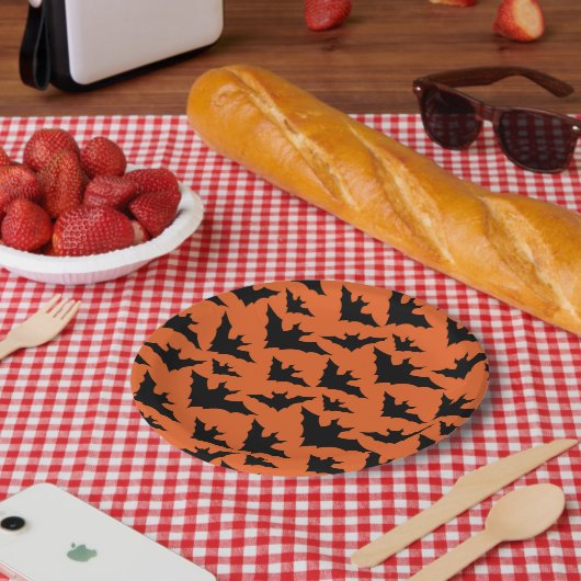 ハロウィーンブラックこうもりオレンジスポクールーク柄 ペーパープレート (ピクニック)