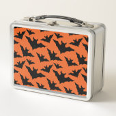 ハロウィーンブラックこうもりオレンジスポクールーク柄 メタルランチボックス (正面)