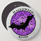 ハロウィーンブラックこうもりランダムパターンパープルBG 缶バッジ (正面&裏面)