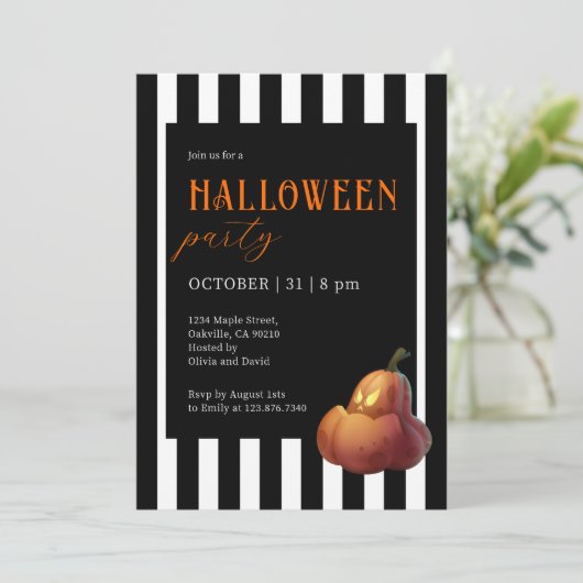 ハロウィーンブラックアンドホワイトパンプキストライプのンパーティー 招待状 (スタンド正面)