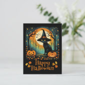 ハロウィーンブラックウィッチキャットとフルムーンカボチャ ポストカード (スタンド正面)
