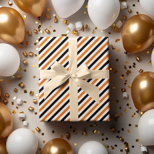 ハロウィーンブラックオレンジホワイトストライプパターンギフト ラッピングペーパー