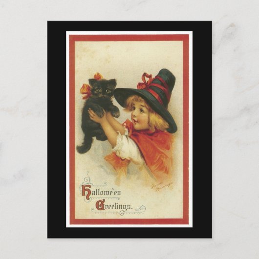 ハロウィーンブラックキットンとウィッチガール ポストカード (正面)