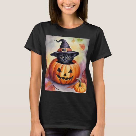 ハロウィーンブラックキットンウィッチハットカボキンカード Tシャツ (正面)