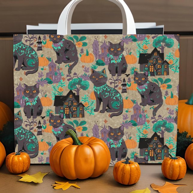 ハロウィーンブラックキャッツカボチャ幽霊のよく出るンズハ素朴ウス 壁紙 (Whimsical black cat self peel-n-stick wallpaper for Halloween crafts and DIY decor)