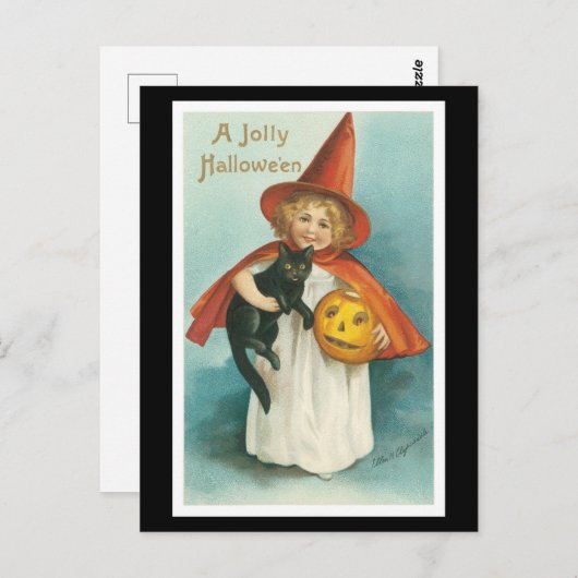 ハロウィーンブラックキャットとウィッチガール ポストカード (正面/裏面)