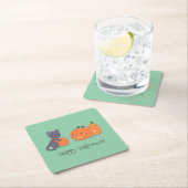 ハロウィーンブラックキャットとカボチャがグリーン スクエアペーパーコースター (インサイチュ)