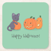 ハロウィーンブラックキャットとカボチャがグリーン スクエアペーパーコースター (正面)