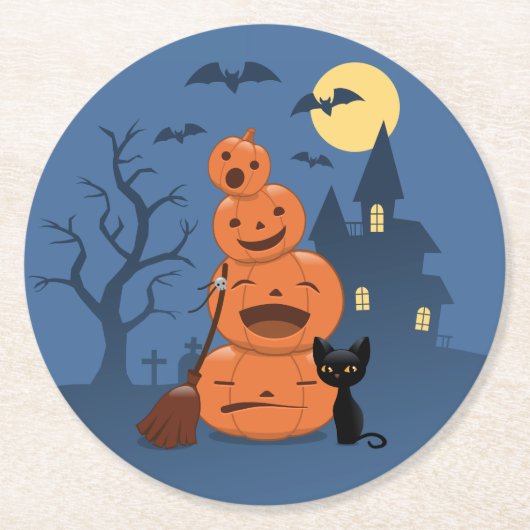 ハロウィーンブラックキャットとカボチャ ラウンドペーパーコースター (正面)