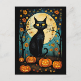 ハロウィーンブラックキャットと満月の不気味なカボチャ ポストカード