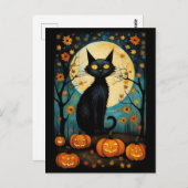 ハロウィーンブラックキャットと満月の不気味なカボチャ ポストカード (正面/裏面)