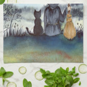 ハロウィーンブラックキャットと魔女スターリーナイト キッチンタオル (折り畳み)