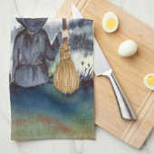 ハロウィーンブラックキャットと魔女スターリーナイト キッチンタオル (四つ折り)