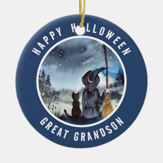 ハロウィーンブラックキャットと魔女スターリーナイト セラミックオーナメント (正面)