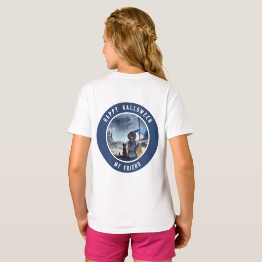 ハロウィーンブラックキャットと魔女スターリーナイト Tシャツ (裏面フル)