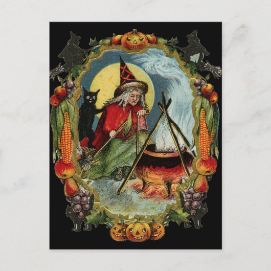 ハロウィーンブラックキャットと魔女 ポストカード (正面)