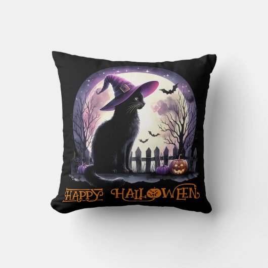 ハロウィーンブラックキャットウィッチとこうもり クッション (正面)