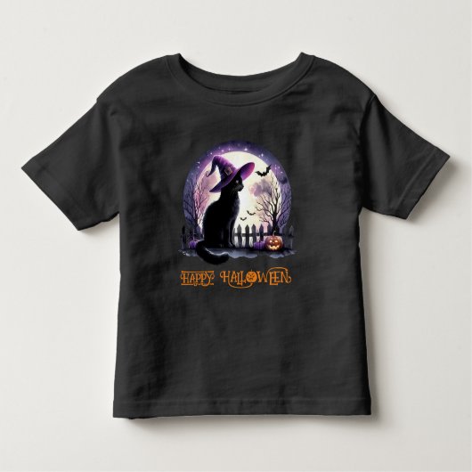 ハロウィーンブラックキャットウィッチとこうもり トドラーTシャツ (正面)